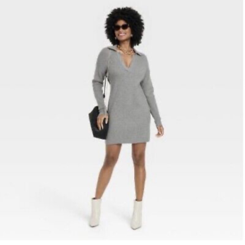 Grey Polo Mini Sweater Dress